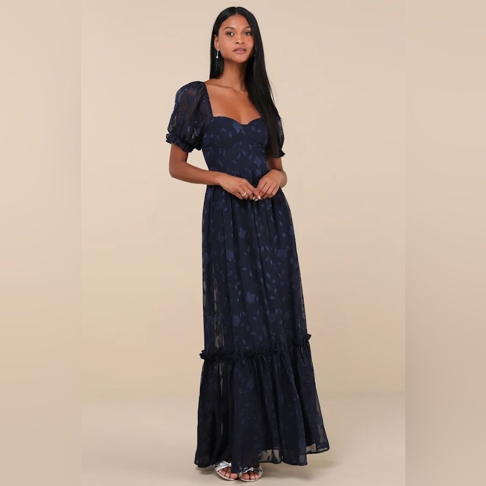 Lulus Phenomenal Sweetness Navy Floral Burnout Bustier Maxi Dress